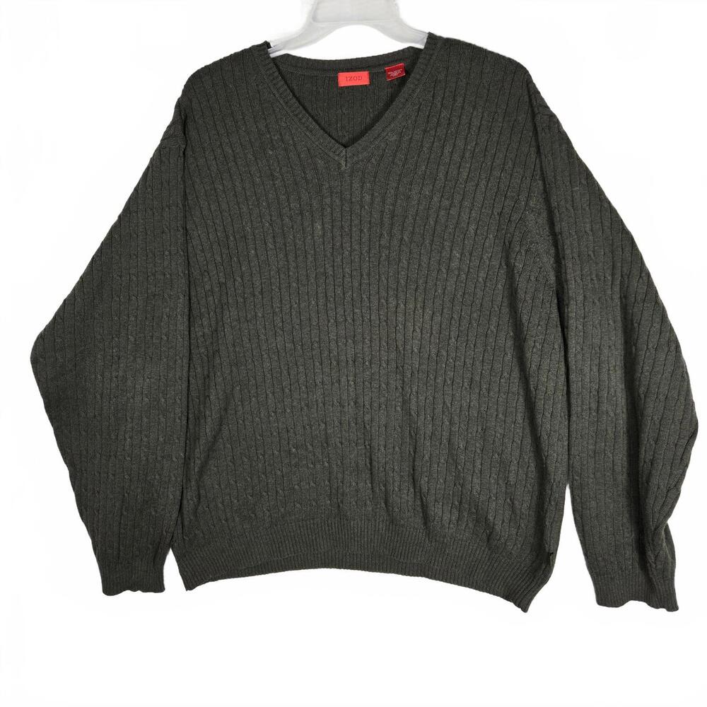IZOD Men's XXL V-Neck Sweater 100% Cotton Olive Green Ribbed Cable Knit